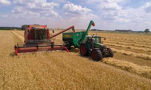 two green and red cultivators on brown field