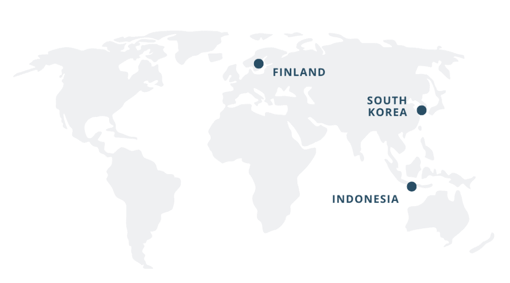 map destinations flp, Finland, South Korea, and Malaysia